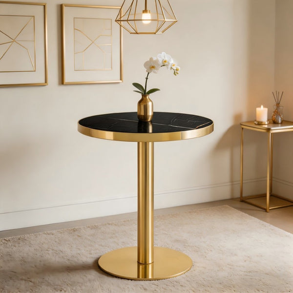 English Elm 23.6 Inch Round Marble Look Side Table with Stainless Steel Edge Trim and Metal Base Black+Gold W1512P540339