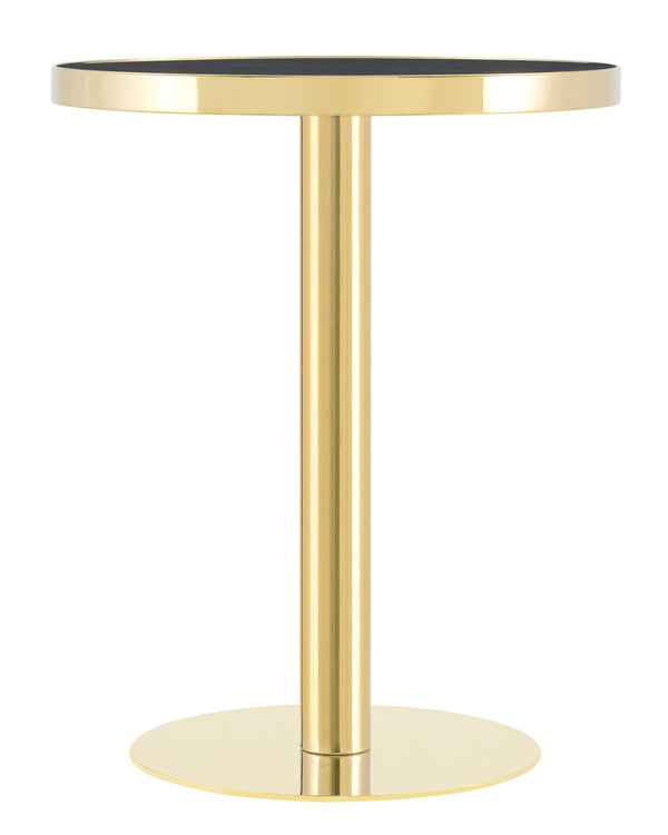 English Elm 23.6 Inch Round Marble Look Side Table with Stainless Steel Edge Trim and Metal Base Black+Gold W1512P540339