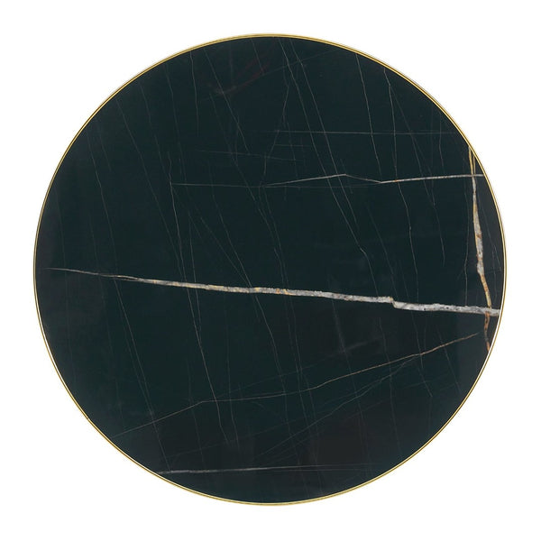 English Elm 23.6 Inch Round Marble Look Side Table with Stainless Steel Edge Trim and Metal Base Black+Gold W1512P540339