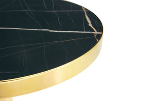 English Elm 23.6 Inch Round Marble Look Side Table with Stainless Steel Edge Trim and Metal Base Black+Gold W1512P540339