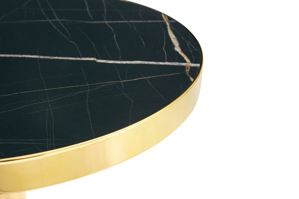 English Elm 23.6 Inch Round Marble Look Side Table with Stainless Steel Edge Trim and Metal Base Black+Gold W1512P540339