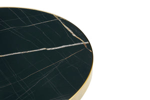English Elm 23.6 Inch Round Marble Look Side Table with Stainless Steel Edge Trim and Metal Base Black+Gold W1512P540339
