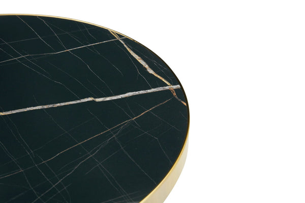 English Elm 23.6 Inch Round Marble Look Side Table with Stainless Steel Edge Trim and Metal Base Black+Gold W1512P540339