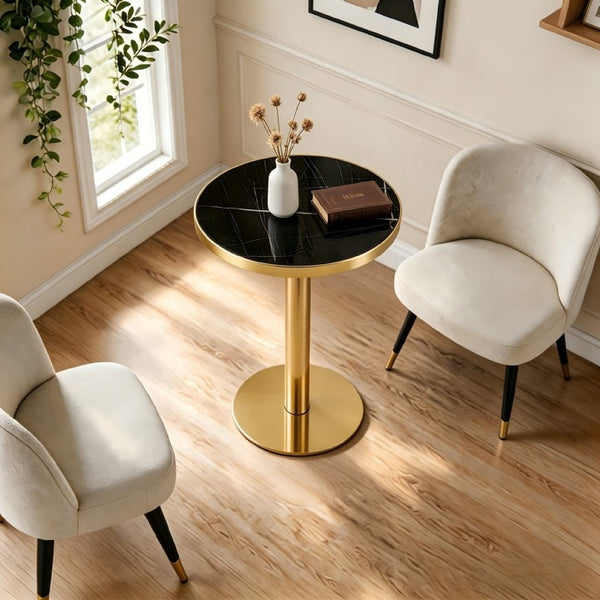 English Elm 23.6 Inch Round Marble Look Side Table with Stainless Steel Edge Trim and Metal Base Black+Gold W1512P540339
