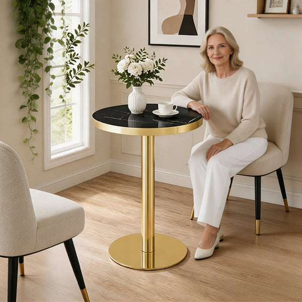 English Elm 23.6 Inch Round Marble Look Side Table with Stainless Steel Edge Trim and Metal Base Black+Gold W1512P540339