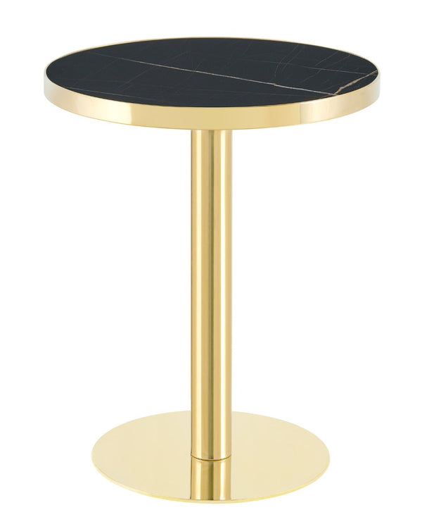 English Elm 23.6 Inch Round Marble Look Side Table with Stainless Steel Edge Trim and Metal Base Black+Gold W1512P540339