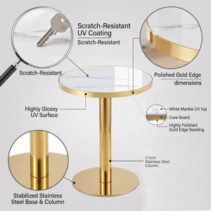 English Elm 23.6 Inch Round Marble Effect Bistro Table with Gold Steel Edge for Small Dining Spaces W1512P540850