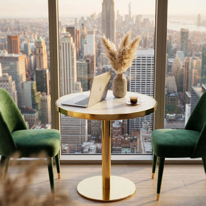 English Elm 23.6 Inch Round Marble Effect Bistro Table with Gold Steel Edge for Small Dining Spaces W1512P540850