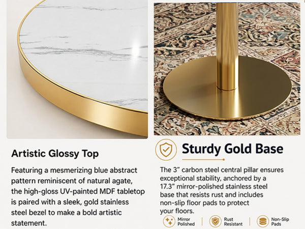 English Elm 23.6 Inch Round Marble Effect Bistro Table with Gold Steel Edge for Small Dining Spaces W1512P540850
