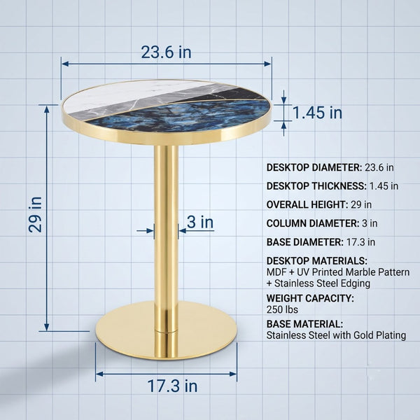 English Elm 23.6 Inch Round Marble Effect Bistro Table with Gold Steel Edge for Small Dining Spaces W1512P540850