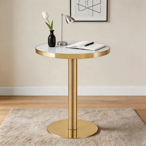 English Elm 23.6 Inch Round Marble Effect Bistro Table with Gold Steel Edge for Small Dining Spaces W1512P540850