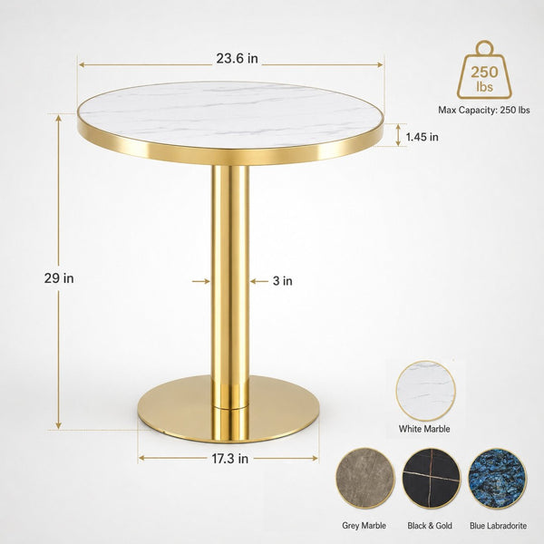 English Elm 23.6 Inch Round Marble Effect Bistro Table with Gold Steel Edge for Small Dining Spaces W1512P540850