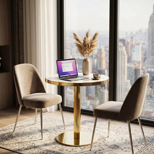 English Elm 23.6 Inch Round Marble Effect Bistro Table with Gold Steel Edge for Small Dining Spaces W1512P540850