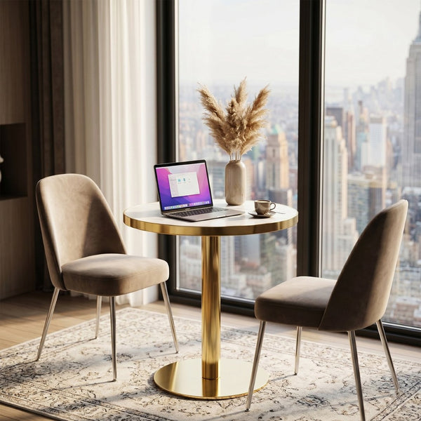 English Elm 23.6 Inch Round Marble Effect Bistro Table with Gold Steel Edge for Small Dining Spaces W1512P540850