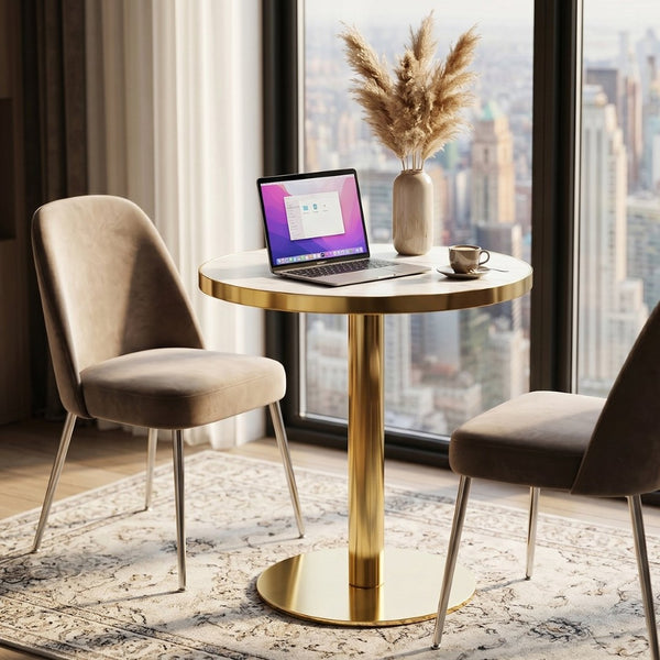 English Elm 23.6 Inch Round Marble Effect Bistro Table with Gold Steel Edge for Small Dining Spaces W1512P540850