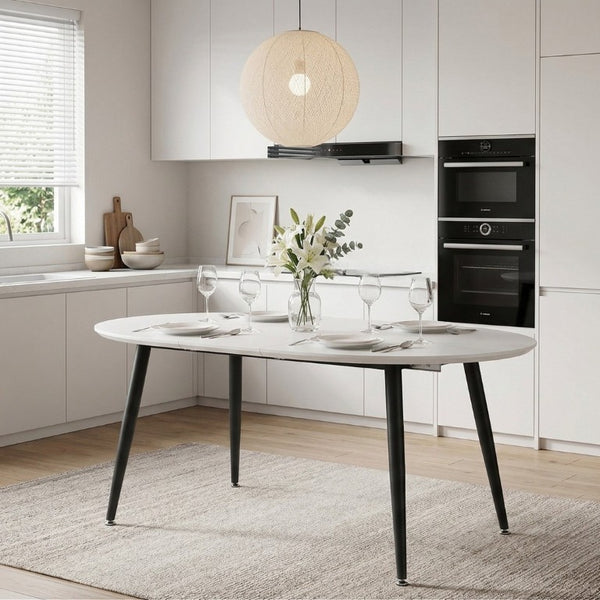 English Elm Using a Telescopic Extension Round MDF Dining Table with Sleek Black Metal Legs W1512P552996