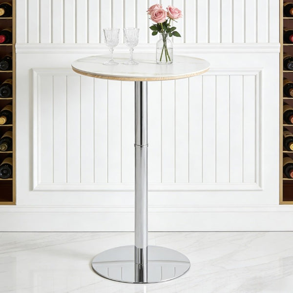 English Elm Rock Slab Round Pub Table with Stainless Steel Base for Home Bar or Bistro W1512P553005