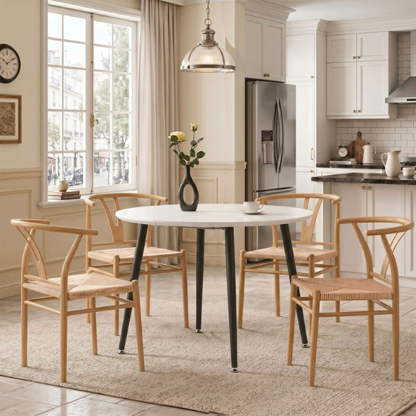 English Elm Using a Telescopic Round MDF Top and Black Metal Legs for Modern Dining Flexibility Black/White L x W x 30 H W1512P588632