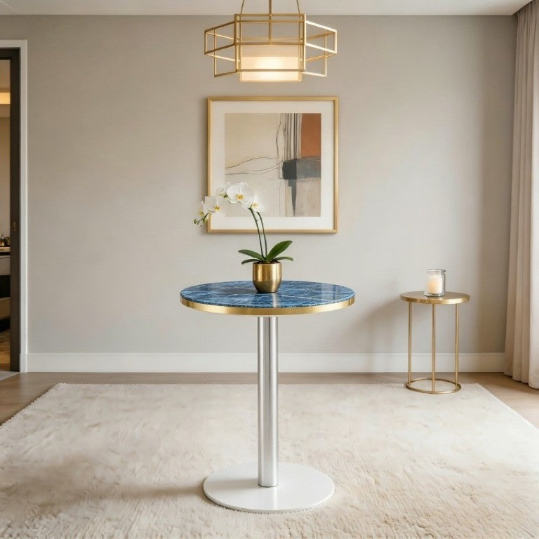 English Elm Using a Telescopic Round MDF Top and Black Metal Legs for Modern Dining Flexibility Blue+Gold/Silver 23.6 x 23.6 x 29 H W1512P588635