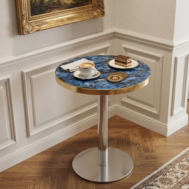 English Elm Using a Telescopic Round MDF Top and Black Metal Legs for Modern Dining Flexibility Blue+Gold/Silver 23.6 x 23.6 x 29 H W1512P588635