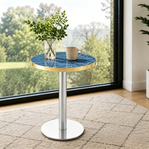 English Elm Using a Telescopic Round MDF Top and Black Metal Legs for Modern Dining Flexibility Blue+Gold/Silver 23.6 x 23.6 x 29 H W1512P588635