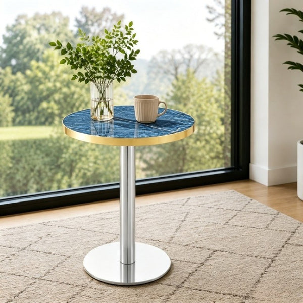 English Elm Using a Telescopic Round MDF Top and Black Metal Legs for Modern Dining Flexibility Blue+Gold/Silver 23.6 x 23.6 x 29 H W1512P588635