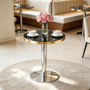 English Elm 23.6 Inch Round Marble Look MDF Dining Table with Stainless Steel Edge and Pedestal Base W1512P588636