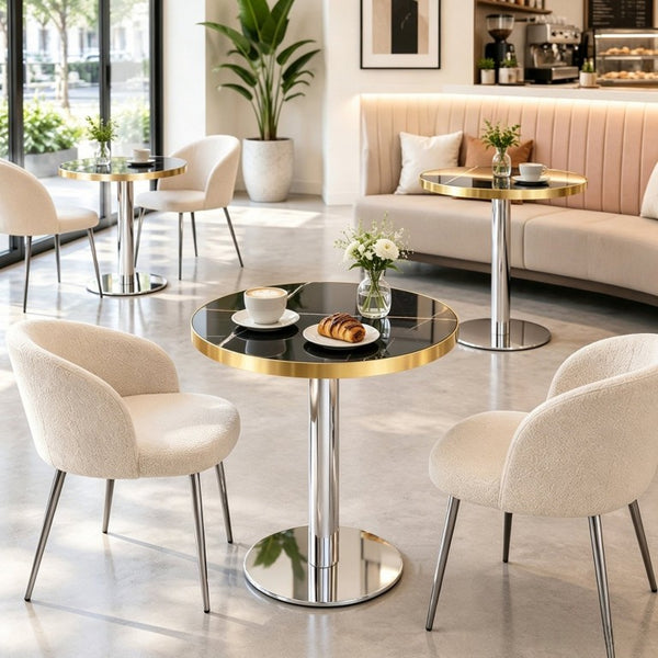 English Elm 23.6 Inch Round Marble Look MDF Dining Table with Stainless Steel Edge and Pedestal Base W1512P588636