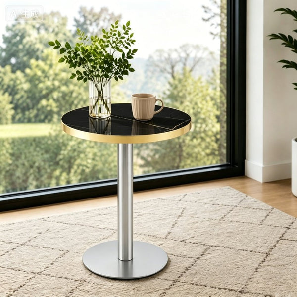 English Elm 23.6 Inch Round Marble Look MDF Dining Table with Stainless Steel Edge and Pedestal Base W1512P588636