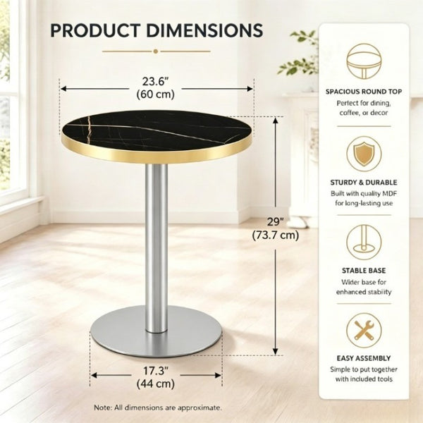 English Elm 23.6 Inch Round Marble Look MDF Dining Table with Stainless Steel Edge and Pedestal Base W1512P588636