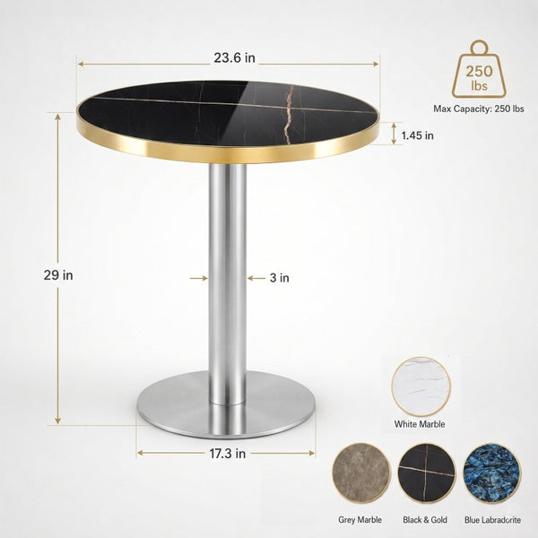 English Elm 23.6 Inch Round Marble Look MDF Dining Table with Stainless Steel Edge and Pedestal Base W1512P588636