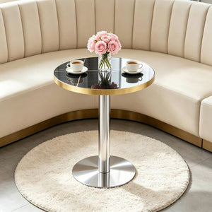 English Elm 23.6 Inch Round Marble Look MDF Dining Table with Stainless Steel Edge and Pedestal Base W1512P588636