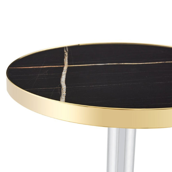 English Elm 23.6 Inch Round Marble Look MDF Dining Table with Stainless Steel Edge and Pedestal Base W1512P588636