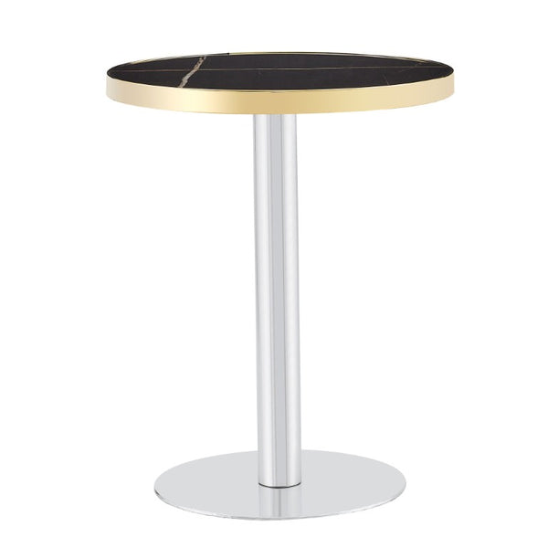 English Elm 23.6 Inch Round Marble Look MDF Dining Table with Stainless Steel Edge and Pedestal Base W1512P588636