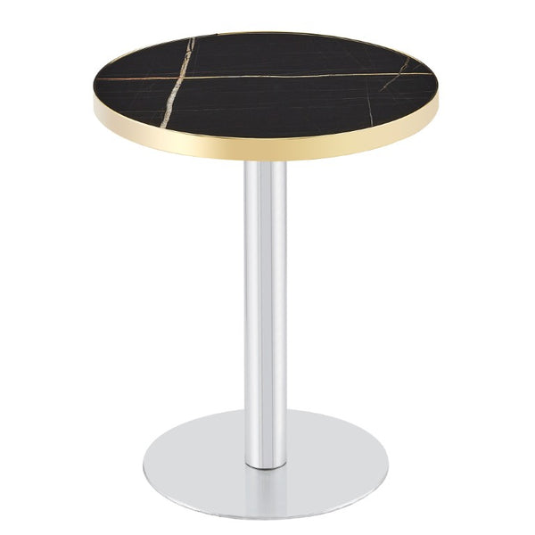 English Elm 23.6 Inch Round Marble Look MDF Dining Table with Stainless Steel Edge and Pedestal Base W1512P588636