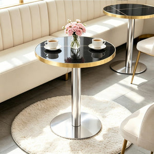 English Elm 23.6 Inch Round Marble Look MDF Dining Table with Stainless Steel Edge and Pedestal Base W1512P588636