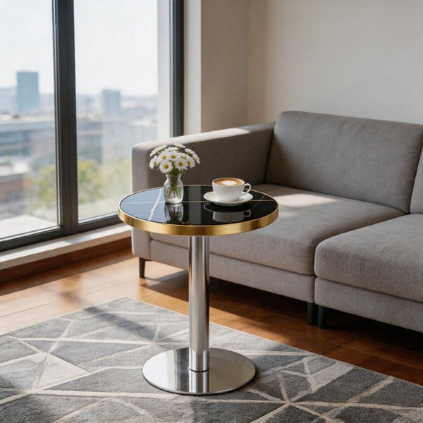 English Elm 23.6 Inch Round Marble Look MDF Dining Table with Stainless Steel Edge and Pedestal Base W1512P588636