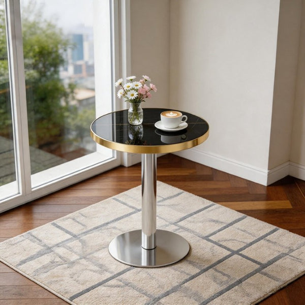 English Elm 23.6 Inch Round Marble Look MDF Dining Table with Stainless Steel Edge and Pedestal Base W1512P588636