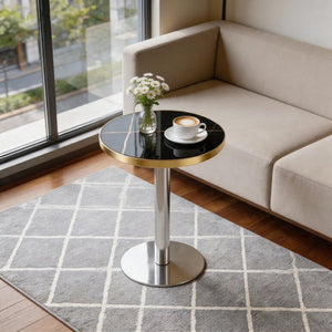 English Elm 23.6 Inch Round Marble Look MDF Dining Table with Stainless Steel Edge and Pedestal Base W1512P588636