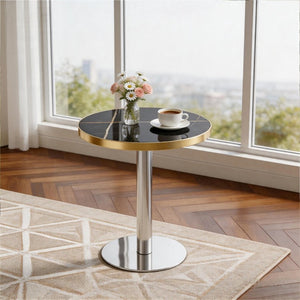 English Elm 23.6 Inch Round Marble Look MDF Dining Table with Stainless Steel Edge and Pedestal Base W1512P588636