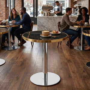 English Elm 23.6 Inch Round Marble Look MDF Dining Table with Stainless Steel Edge and Pedestal Base W1512P588636