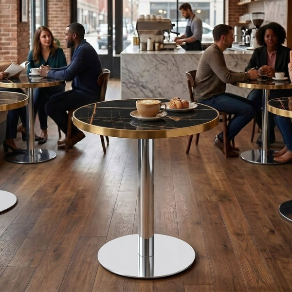 English Elm 23.6 Inch Round Marble Look MDF Dining Table with Stainless Steel Edge and Pedestal Base W1512P588636