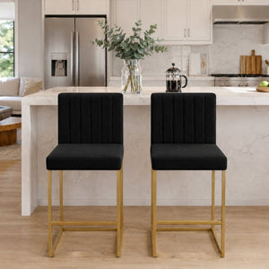 English Elm 25.6 Inch Glam Velvet Counter Stools Set of 2 with Gold Legs for Kitchen Island Black and Gold W1512P597663