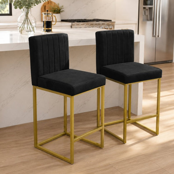 English Elm 25.6 Inch Glam Velvet Counter Stools Set of 2 with Gold Legs for Kitchen Island Black and Gold W1512P597663