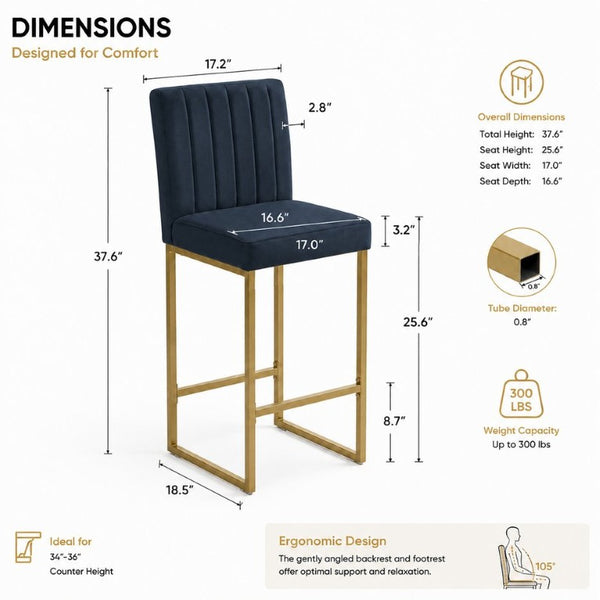 English Elm 25.6 Inch Glam Velvet Counter Stools Set of 2 with Gold Legs for Kitchen Island Black and Gold W1512P597663