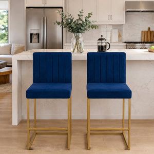 English Elm 25.6 Inch Glam Velvet Counter Stools Set of 2 with Gold Legs for Kitchen Island Blue and Gold W1512P597673