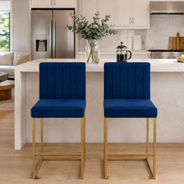 English Elm 25.6 Inch Glam Velvet Counter Stools Set of 2 with Gold Legs for Kitchen Island Blue and Gold W1512P597673