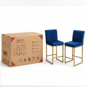English Elm 25.6 Inch Glam Velvet Counter Stools Set of 2 with Gold Legs for Kitchen Island Blue and Gold W1512P597673