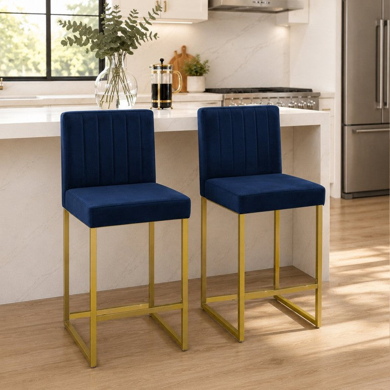 English Elm 25.6 Inch Glam Velvet Counter Stools Set of 2 with Gold Legs for Kitchen Island Blue and Gold W1512P597673