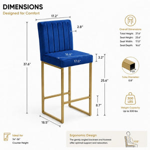 English Elm 25.6 Inch Glam Velvet Counter Stools Set of 2 with Gold Legs for Kitchen Island Blue and Gold W1512P597673